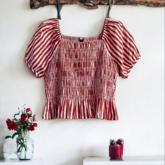 Ann Taylor Tops - Ann Taylor Stripe Smocked Peplum Top Red & White Size LP